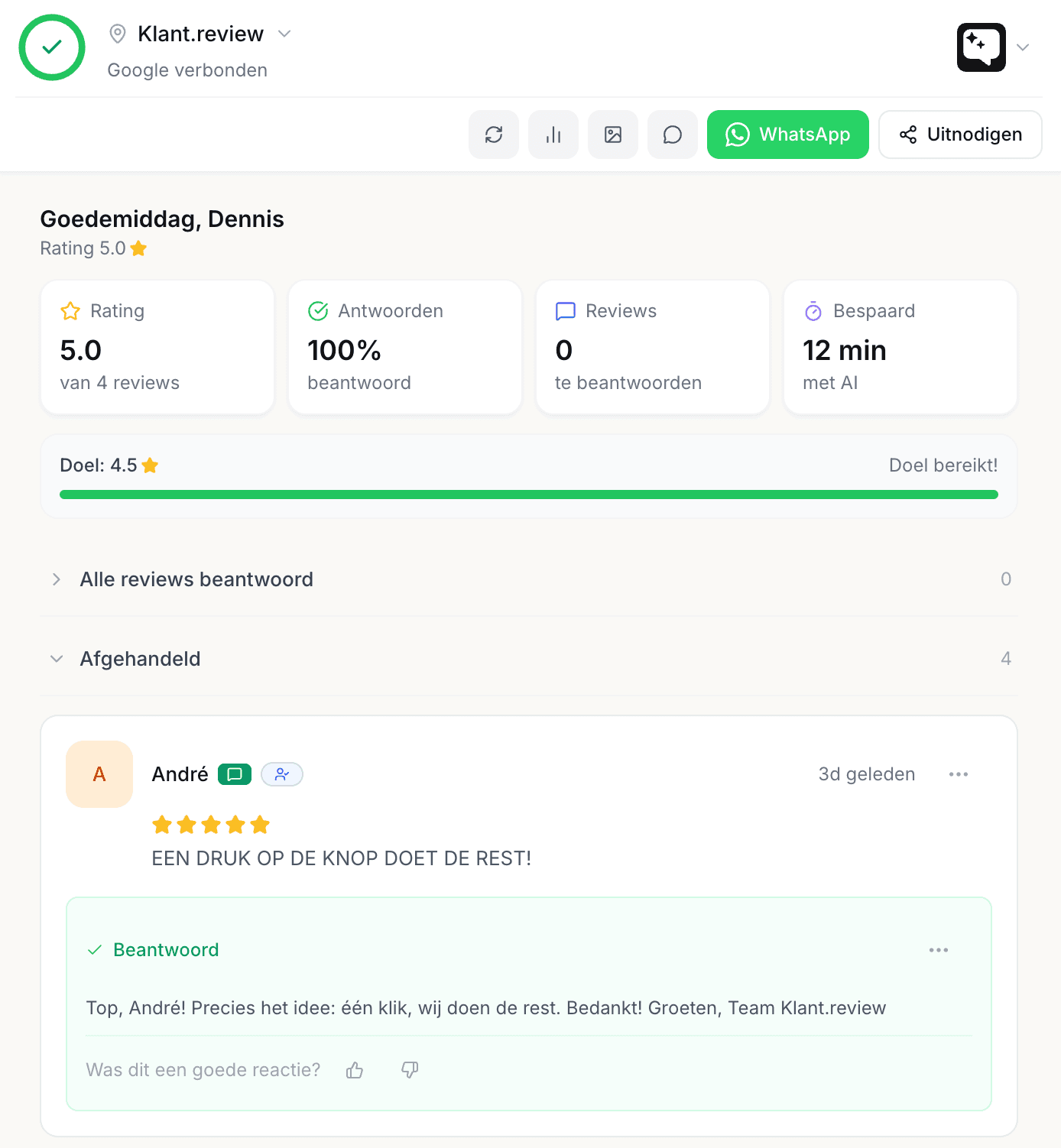 Dashboard inbox van klant.review met rating, antwoord-percentage, reviews en AI-tijdwinst