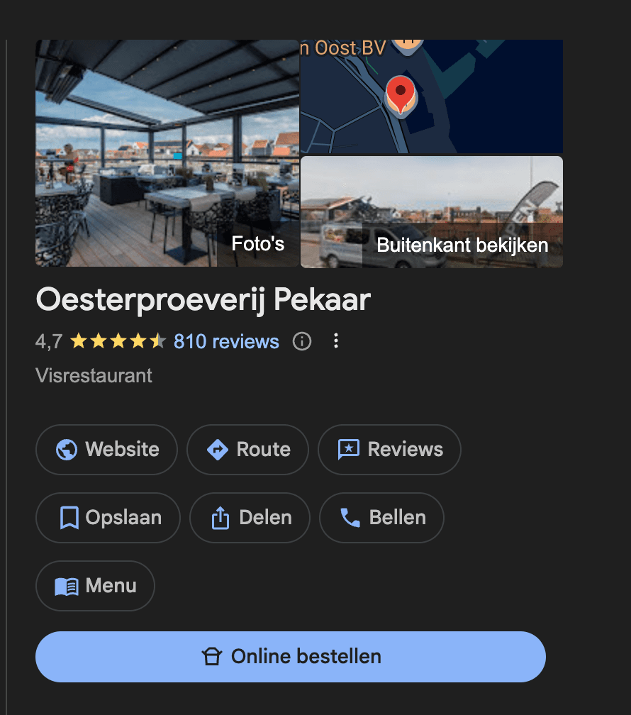 Voorbeeld Google bedrijfsprofiel van Oesterproeverij Pekaar met foto's, kaart, rating 4,7 en 810 reviews