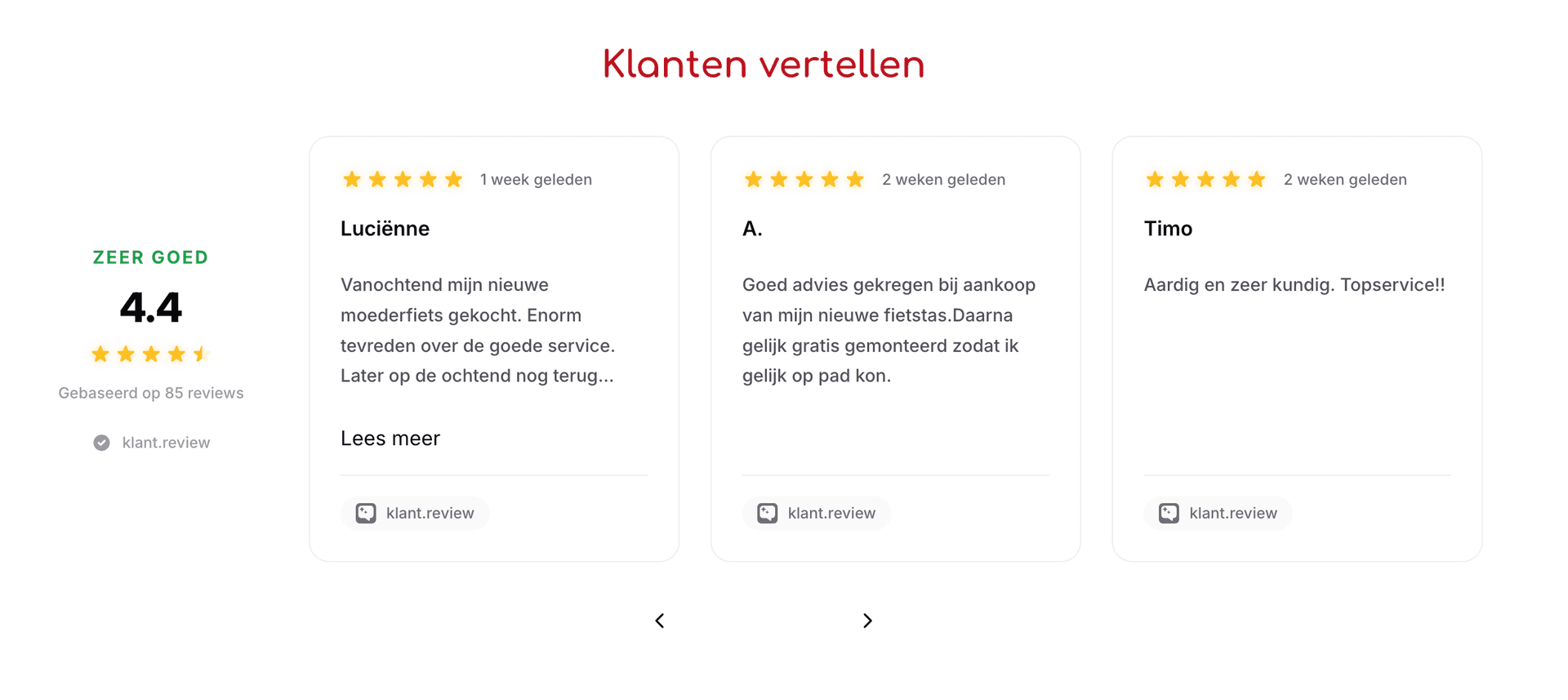 klant.review widget op een echte website met carousel van klantreviews en gemiddelde rating