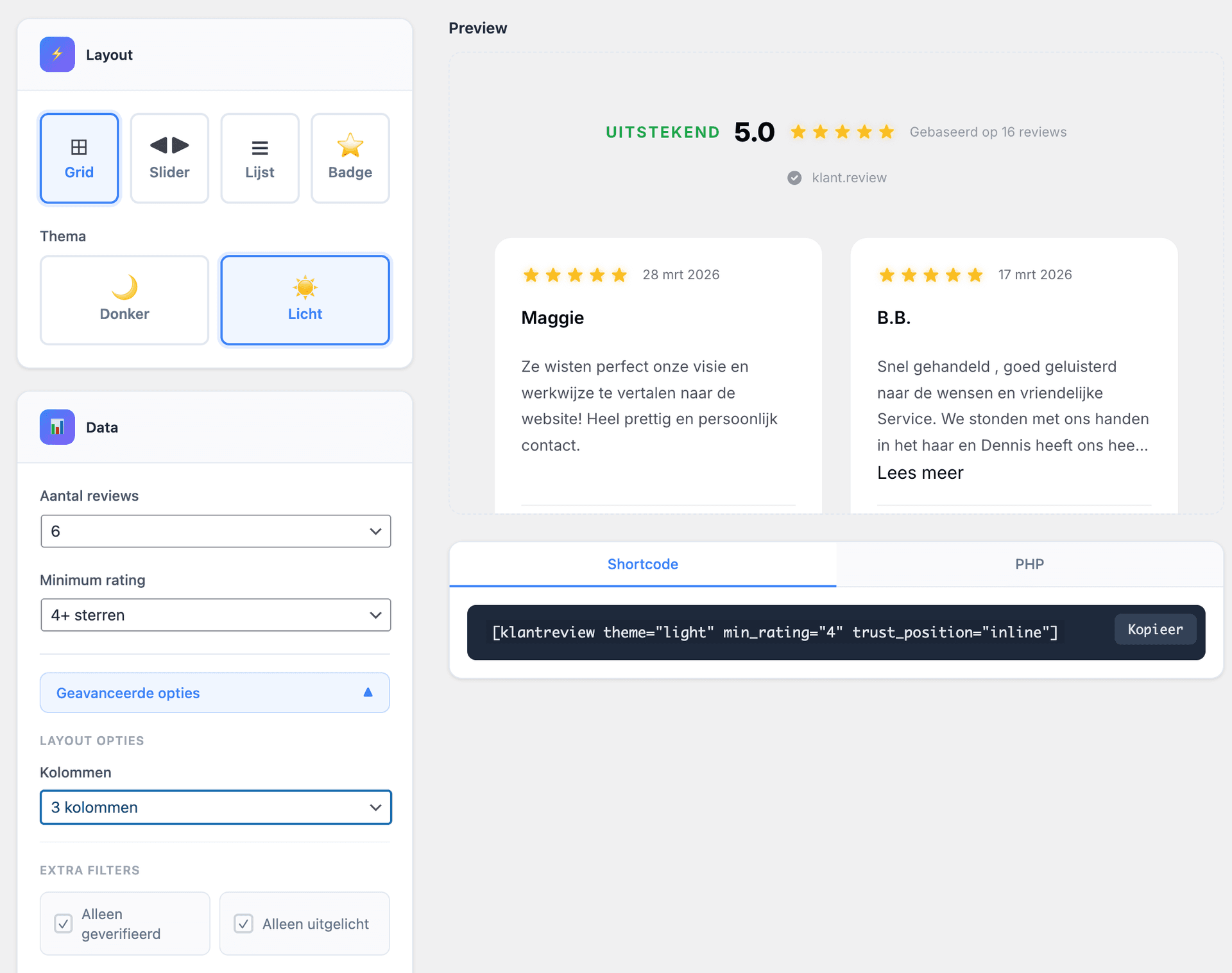 WordPress plugin admin met layout-keuze (grid, slider, lijst, badge), thema, kolommen en shortcode